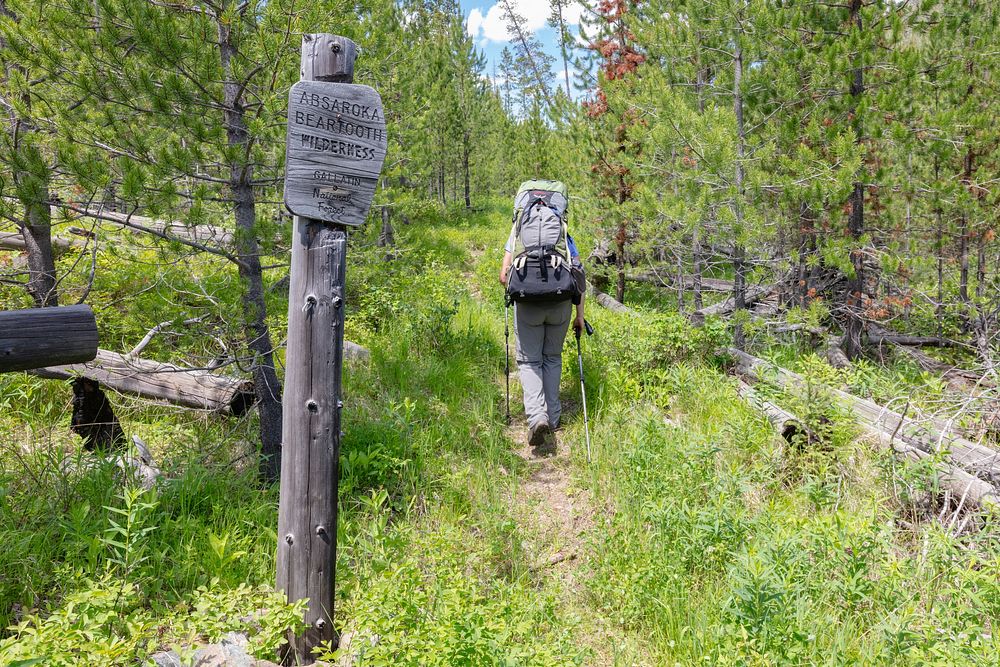 Backpacker crossing the Absaroka Beartooth Wilderness boundary by Jacob W. Frank. Original public domain image from Flickr