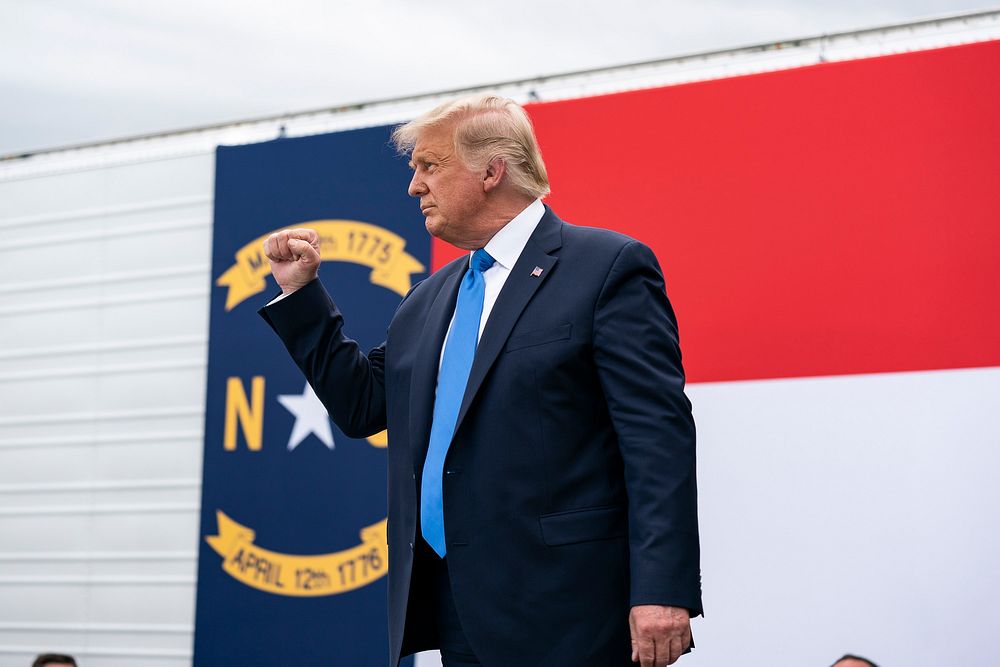 President Donald J. Trump offers a fist-pump to the crowd following his remarks Monday, Aug. 24, 2020, at Flavor First…