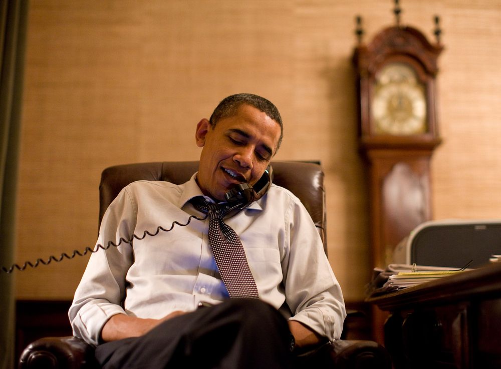 President Barack Obama makes an election night phone call to Rep. John Boehner (R-Ohio) from his Treaty Room office in the…
