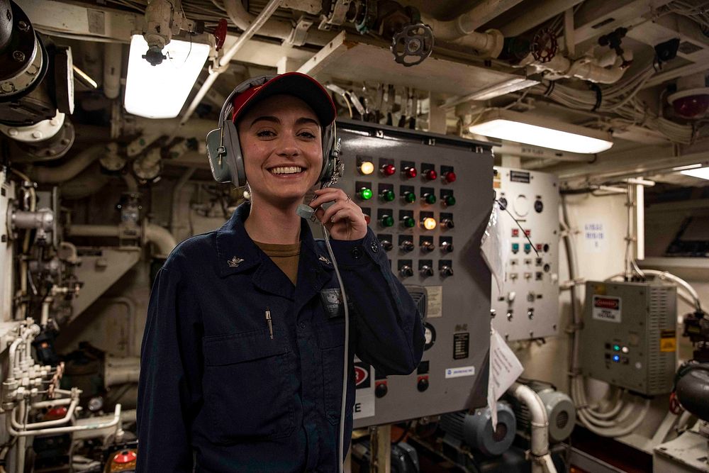 ROTA, Spain (March 14, 2021) Hull Technician 2nd Class Samantha Selvidge stands watch in the forward vacuum-collection…