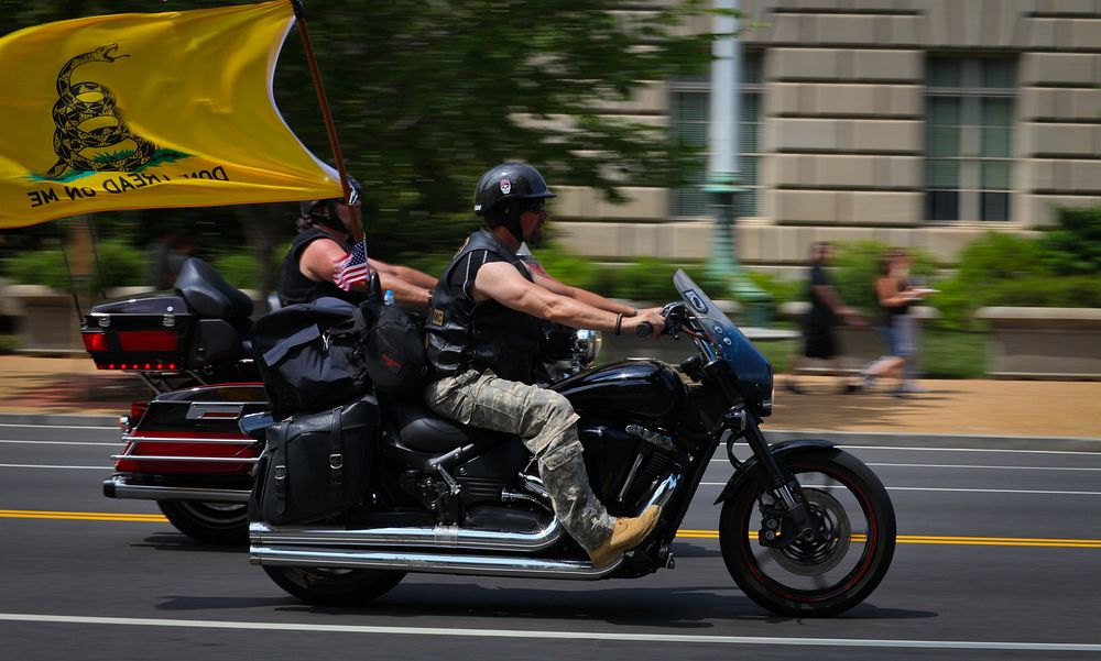 Motorcycle riders drive through the National Mall in Washington for the annual Rolling Thunder Memorial Day weekend…