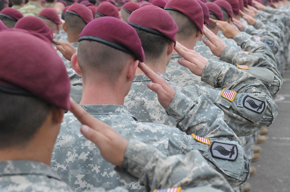 U.S. Soldiers assigned to the 173rd Airborne Brigade Combat Team salute during opening ceremonies for Exercise Rapid Trident…