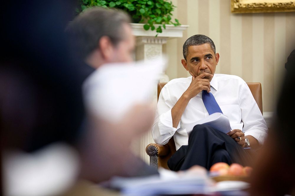 President Barack Obama meets with staff to discuss ongoing efforts to find a balanced approach to the debt limit and deficit…