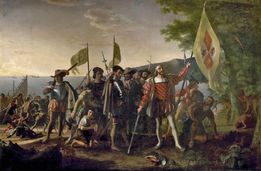 Christopher Columbus and members of his crew. Original public domain image from Flickr