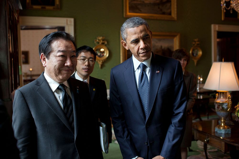 President Barack Obama and Prime Minister Yoshihiko Noda of Japan wait in the Green Room of the White House before the start…