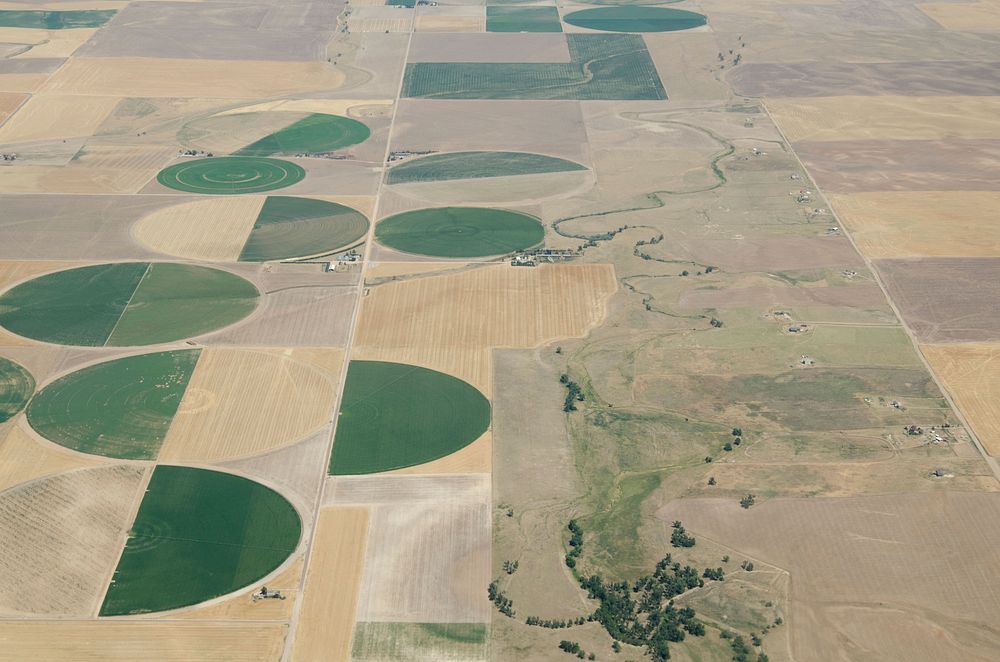 Aerial views of drought affected Colorado farm lands, 83 miles east of Denver, Colorado on Saturday, July 21, 2012. Green…