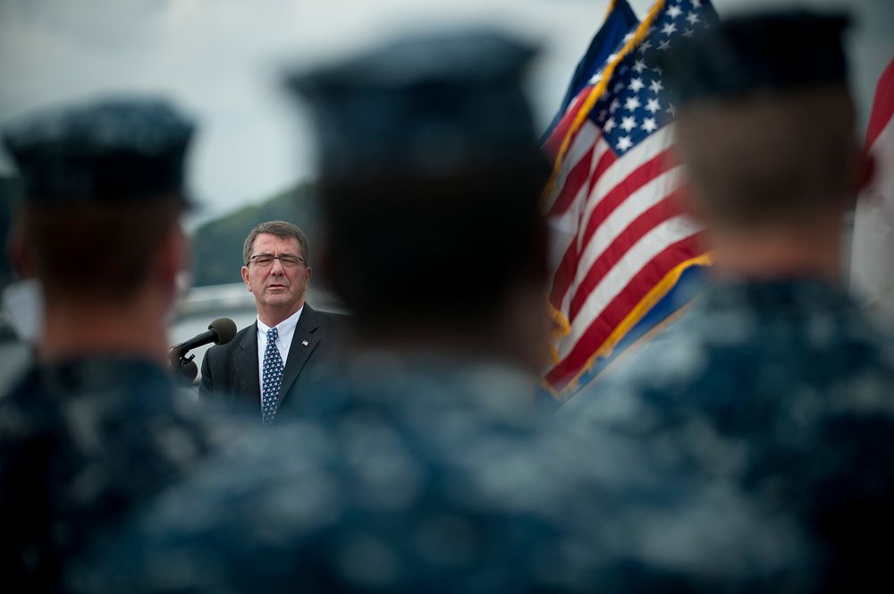 Deputy Secretary of Defense Ashton B. Carter addresses the officers and crew of the USS Blue Ridge (LCC 19) moored in…