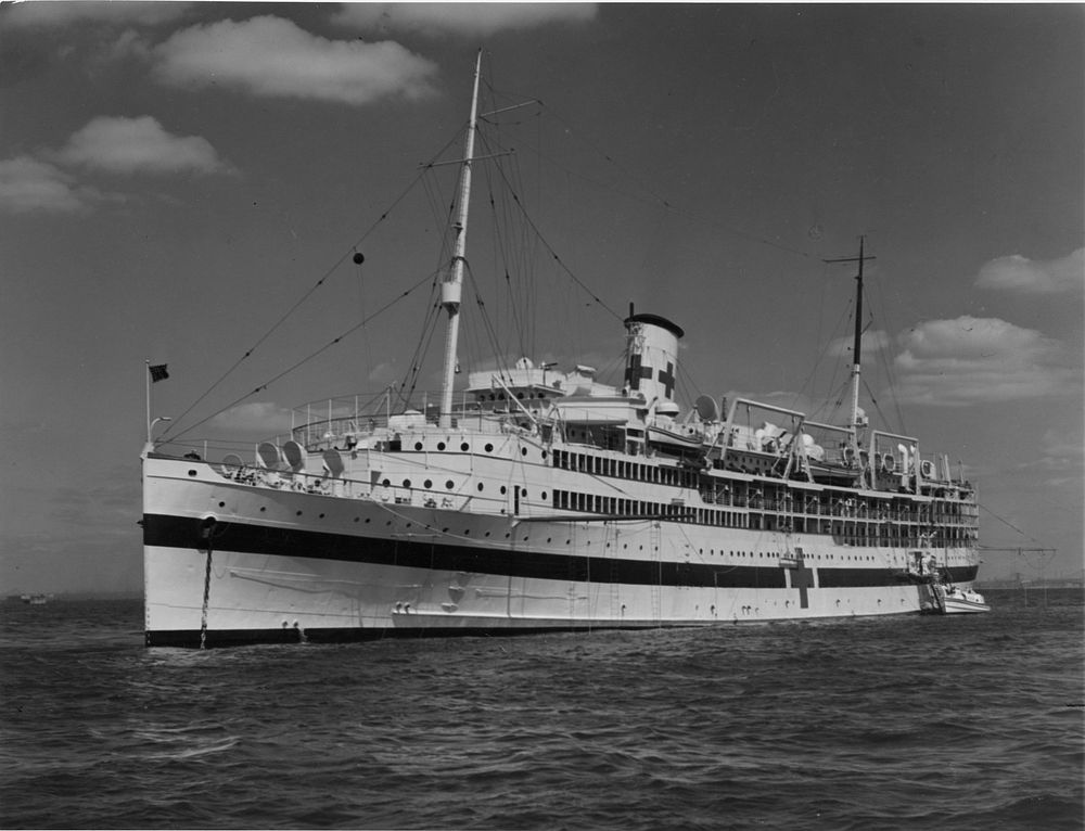 USS Solace - at anchor, three quarter bow view, port side. Hospital ships. Transport of sick and wounded. Original public…