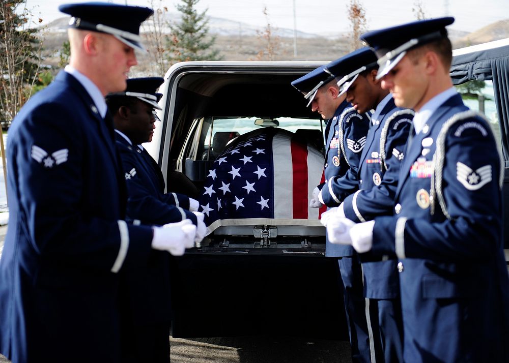 U.S. Airmen with the Hill Air Force Base Honor Guard conduct a funeral at Veterans Memorial Park near Bluffdale, Utah, for…
