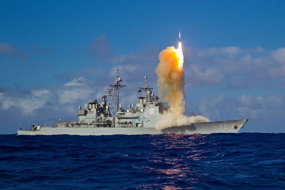 A Standard Missile-3 (SM-3) Block 1B interceptor missile launches from the guided missile cruiser USS Lake Erie (CG 70)…