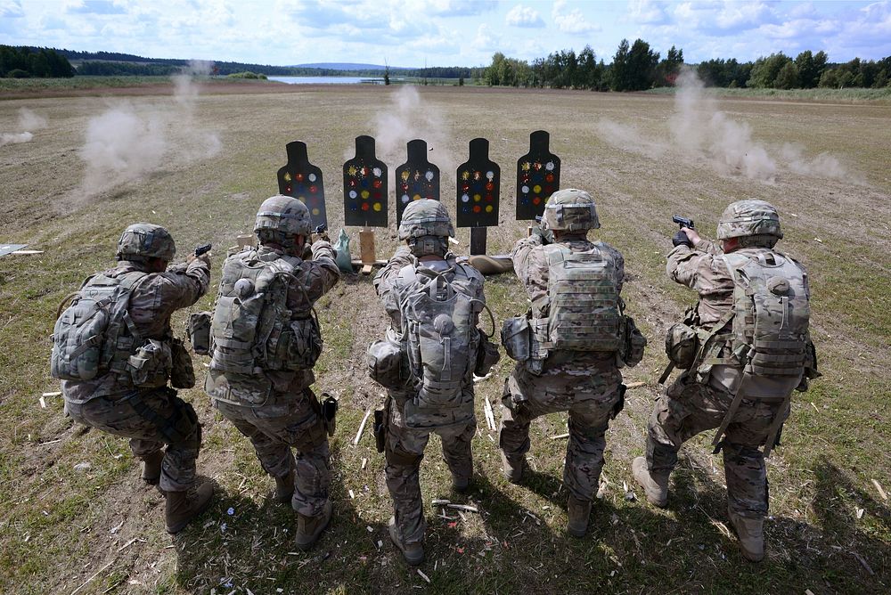 U.S. Soldiers assigned to the 3rd Squadron, 2nd Cavalry Regiment conduct close combat operations with the M9 Beretta pistol…