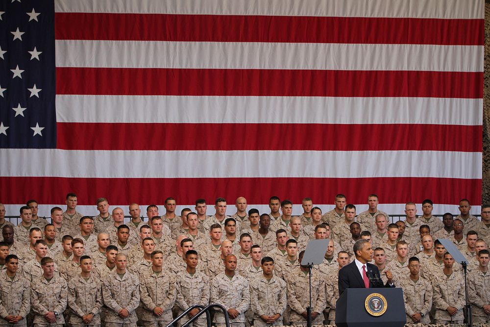 President Barack Obama, at lectern, speaks to U.S. Marines, Sailors and family members at Marine Corps Base Camp Pendleton…