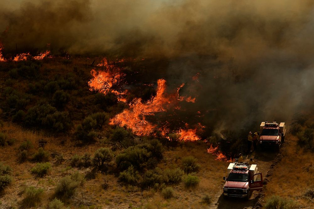 Firefighters battle a wildfire near Portage, Utah, Aug. 12, 2013.