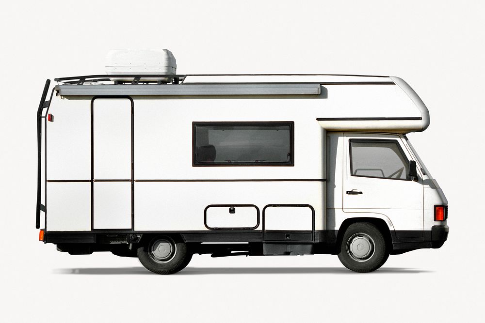 White campervan, vehicle isolated image on white background