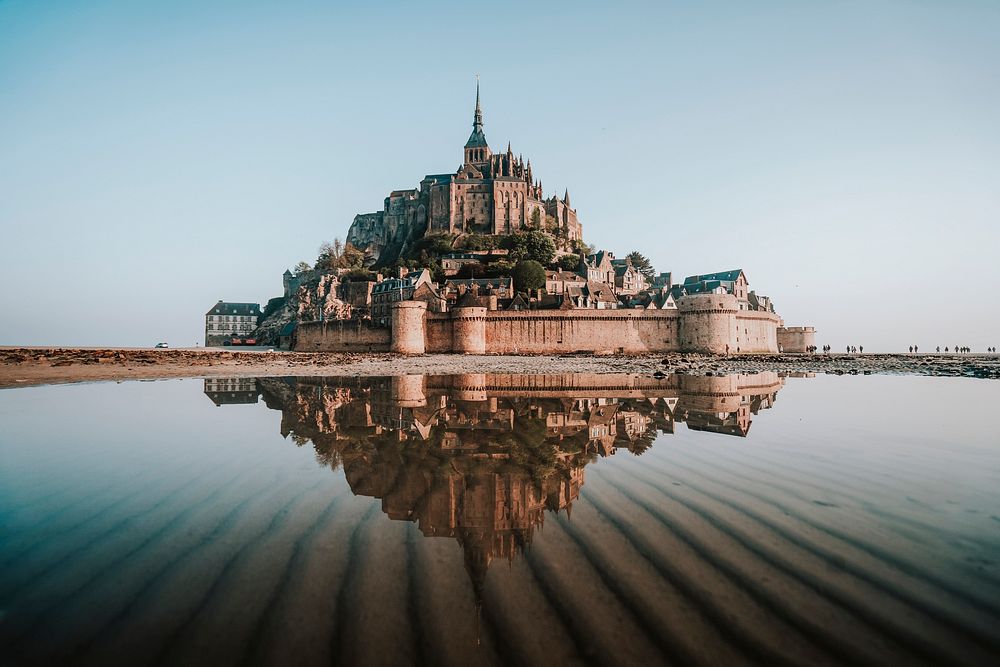 Travel desktop wallpaper background, Le Mont-Saint-Michel in Normandy, France, vivid tone