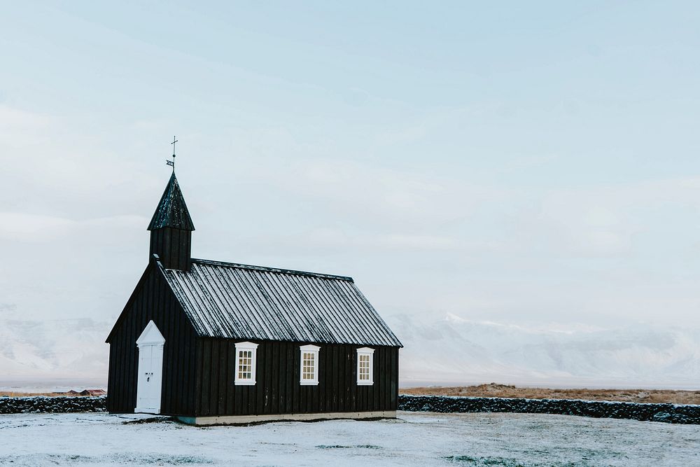 Travel desktop wallpaper background, Budir Black Church, Iceland, vivid tone