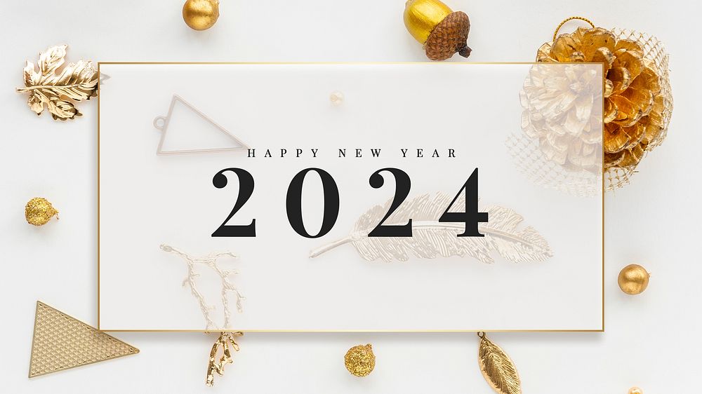 2024 happy new year card gold & white marble design