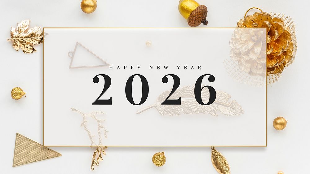 2026 happy new year wallpaper card gold & white marble design