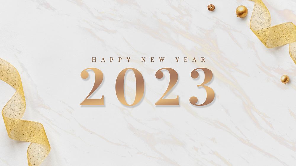 2023 happy new year wallpaper card gold ribbons on white marble design