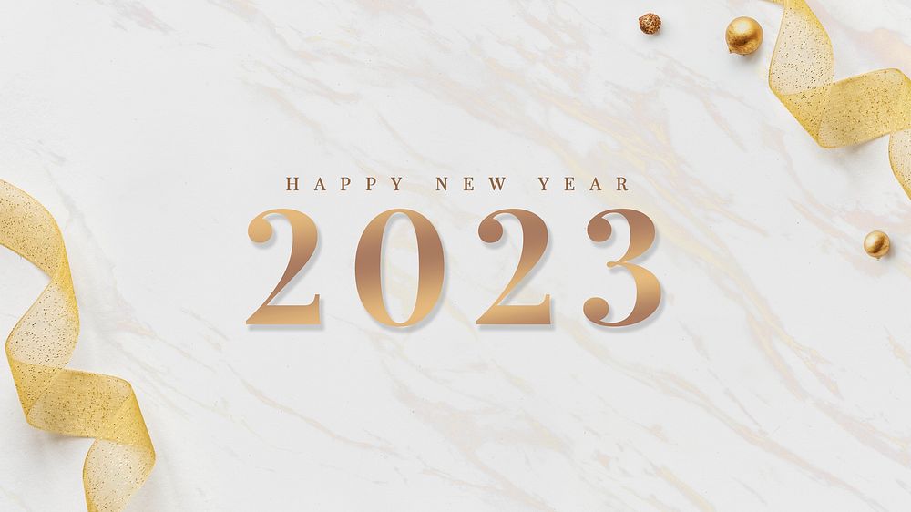 2023 happy new year card gold ribbons on white marble design psd