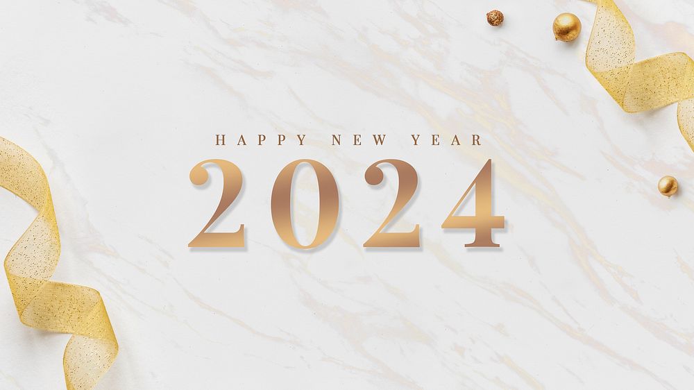 2024 happy new year wallpaper card gold ribbons on white marble design
