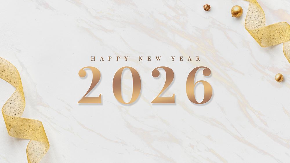2026 happy new year card gold ribbons on white marble design  psd
