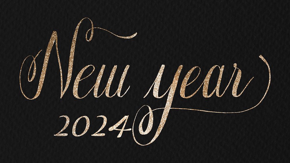 New year 2024 desktop wallpaper, HD gold glitter sequin text background vector