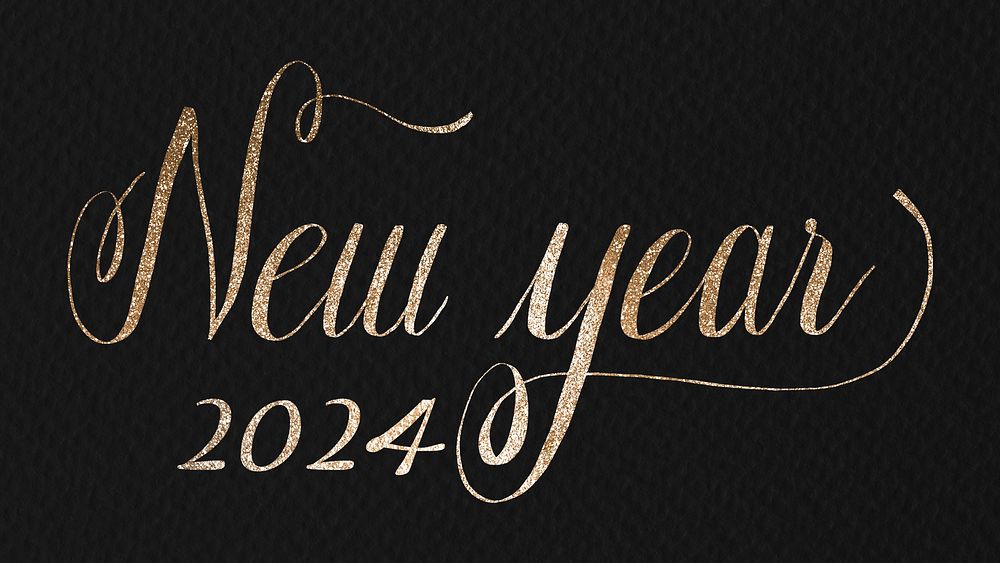 New year 2024 desktop wallpaper, HD gold glitter sequin text background psd