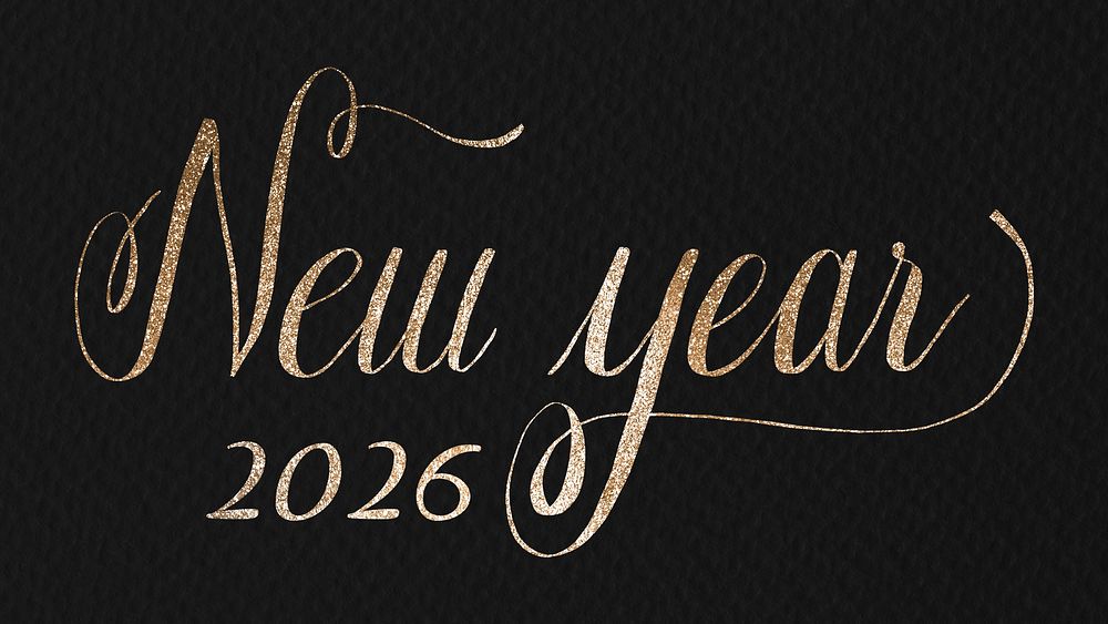 New year 2026 desktop wallpaper, HD gold glitter sequin text background psd