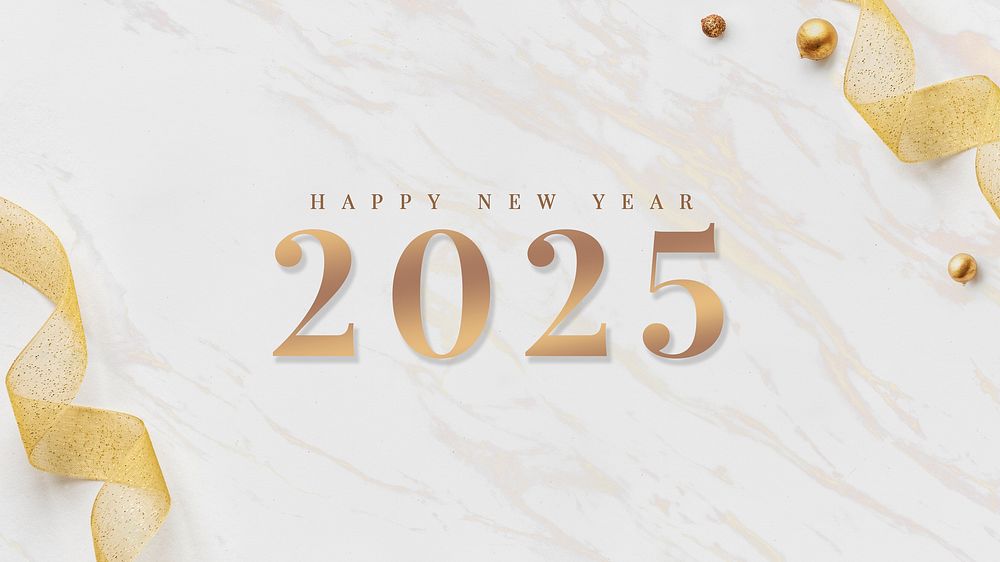2025 happy new year card gold ribbons on white marble design vector