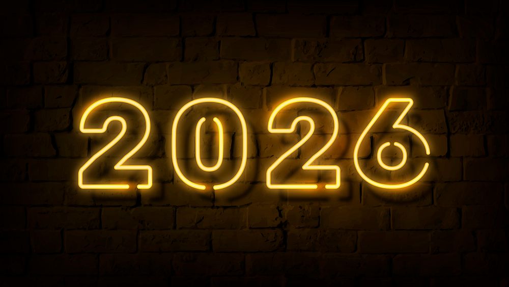 2026 gold neon HD wallpaper, high resolution new year desktop background psd