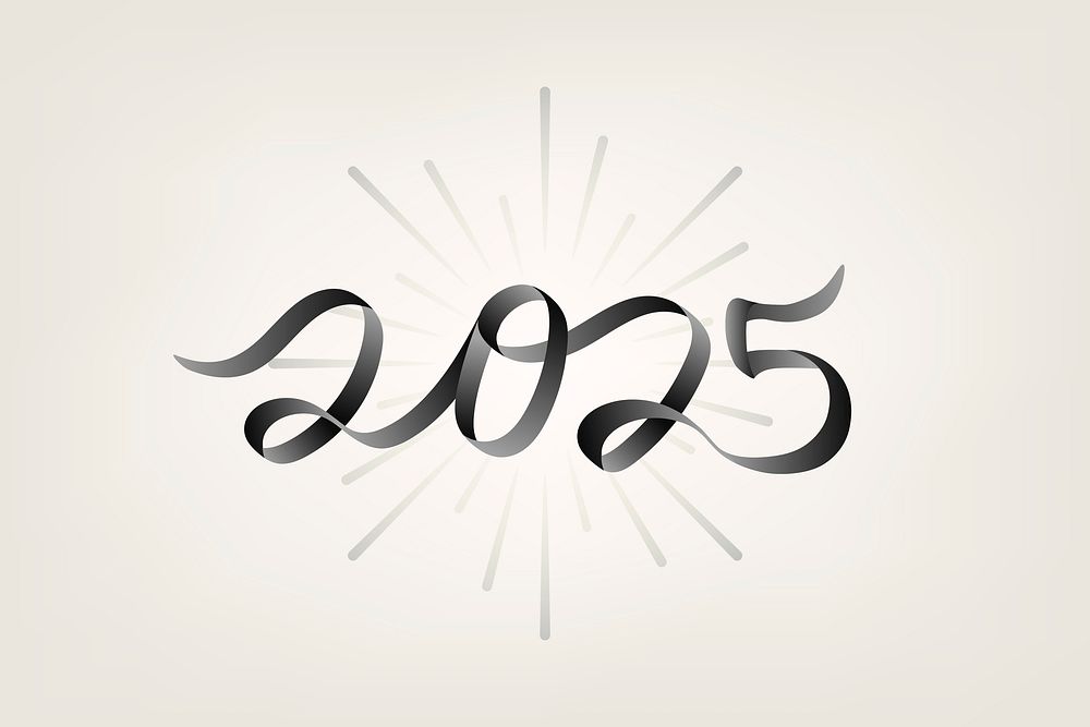 2025 black new year text, ink aesthetic typography on beige background