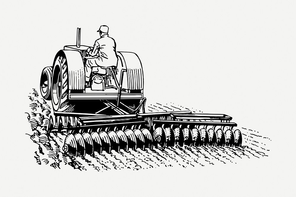 Harrow tractor drawing, vintage farming illustration psd. Free public domain CC0 image.