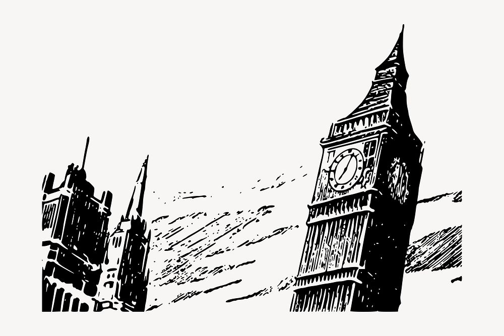 London's clock tower clipart, vintage architecture illustration vector. Free public domain CC0 image.