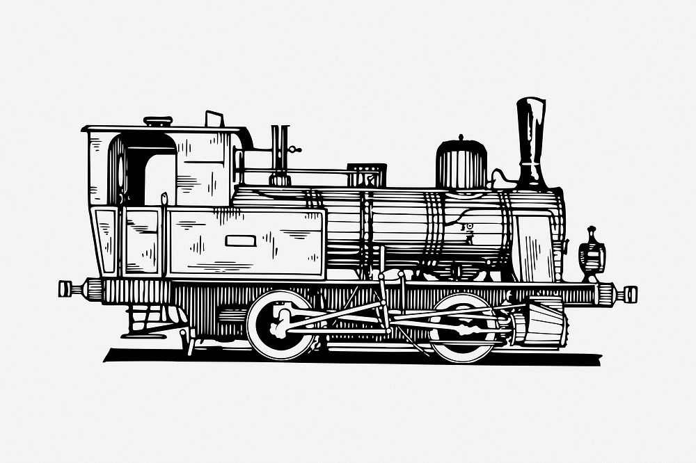 Locomotive train drawing, vintage transportation illustration. Free public domain CC0 image.