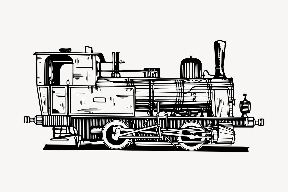 Locomotive train drawing, vintage transportation illustration vector. Free public domain CC0 image.