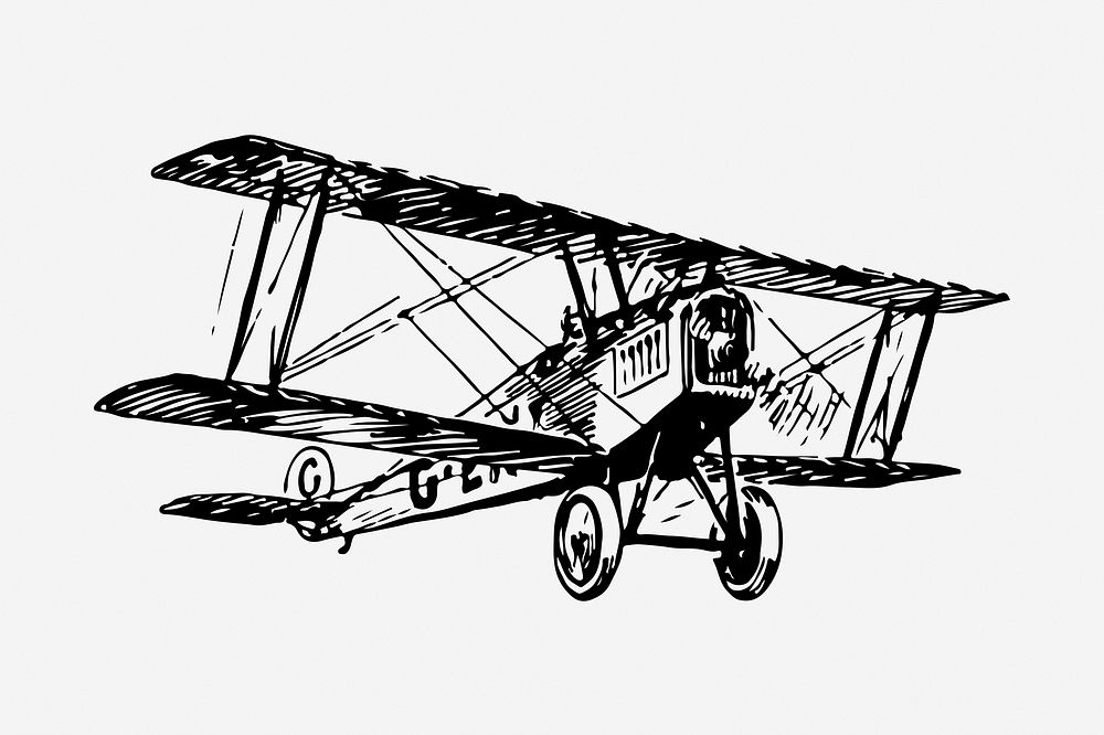 Biplane drawing, vintage vehicle illustration. Free public domain CC0 image.