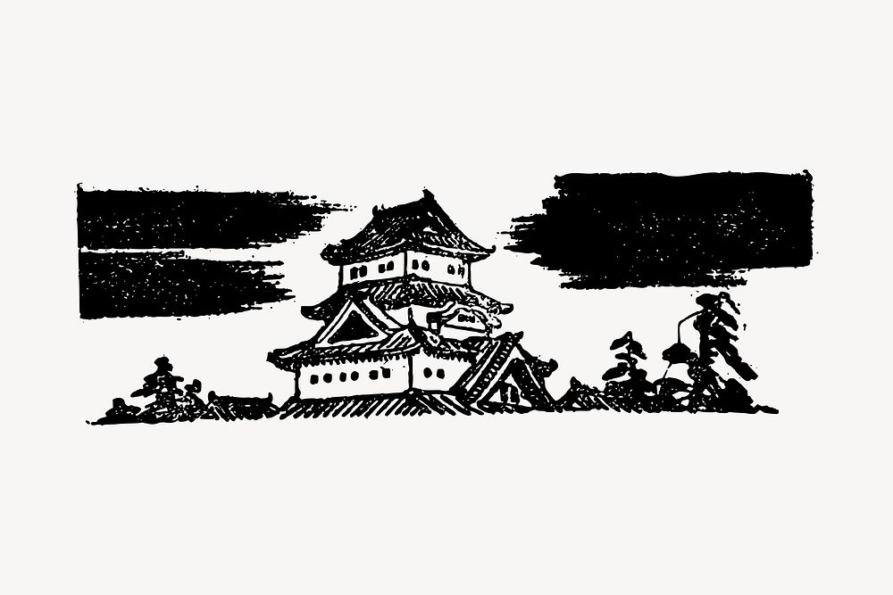 Japanese temple drawing, vintage architecture illustration vector. Free public domain CC0 image.