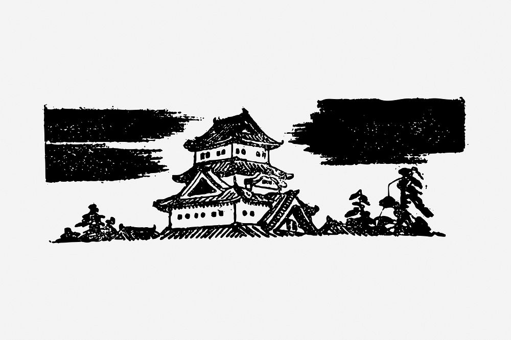 Japanese temple drawing, vintage architecture illustration. Free public domain CC0 image.