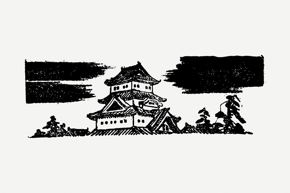 Japanese temple drawing, vintage architecture illustration psd. Free public domain CC0 image.