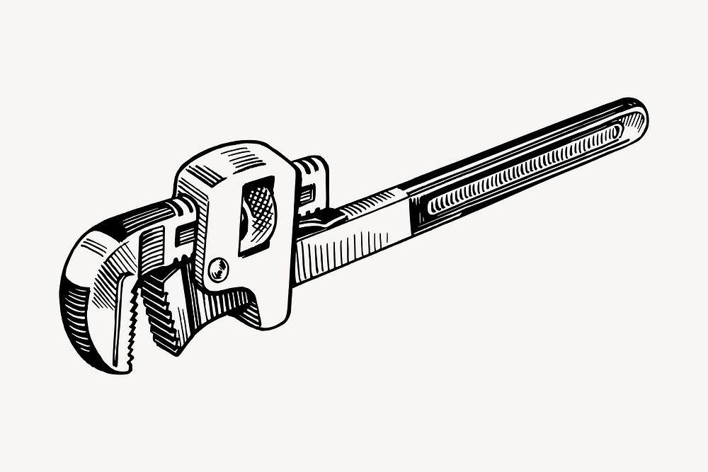 Pipe wrench drawing, vintage tool illustration vector. Free public domain CC0 image.