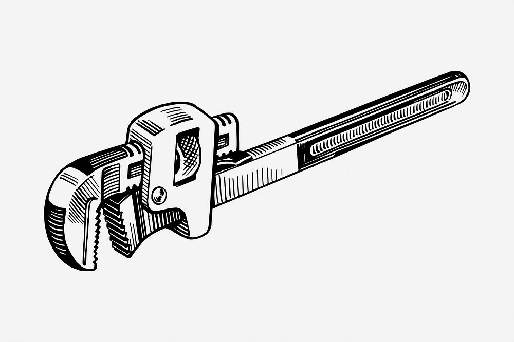 Pipe wrench drawing, vintage tool illustration. Free public domain CC0 image.