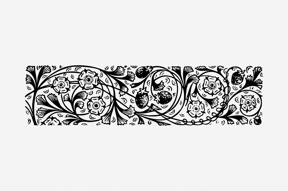 Floral ornament divider drawing, vintage border illustration. Free public domain CC0 image.