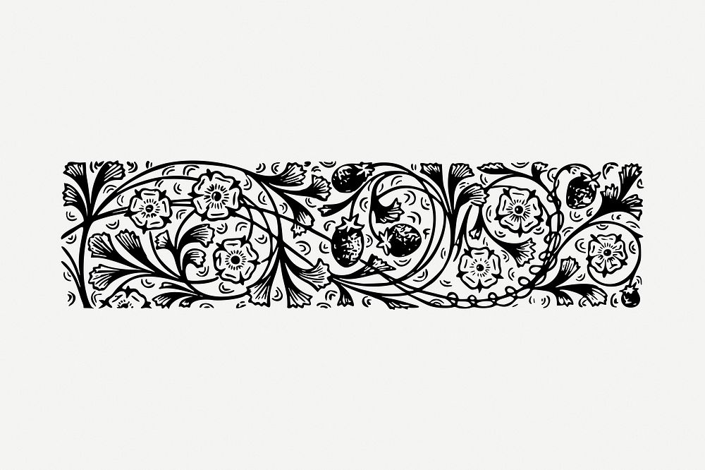 Floral ornament divider drawing, vintage border illustration psd. Free public domain CC0 image.