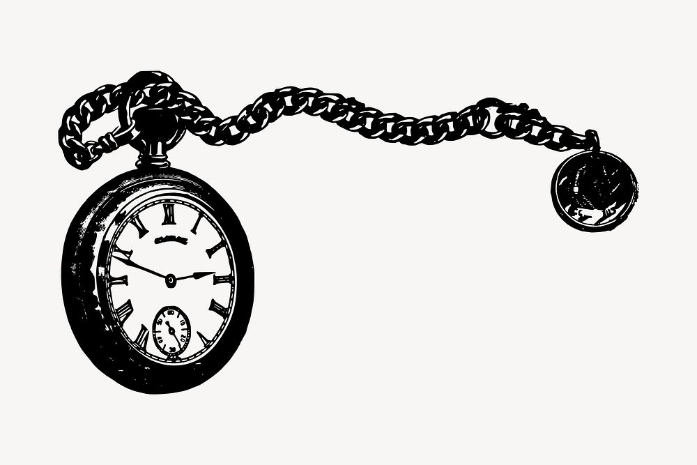 Pocket watch drawing, vintage object illustration vector. Free public domain CC0 image.
