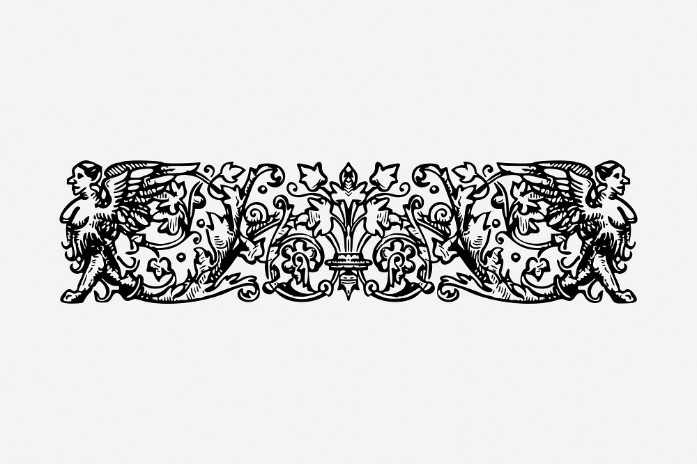 Floral ornament divider drawing, vintage border illustration. Free public domain CC0 image.