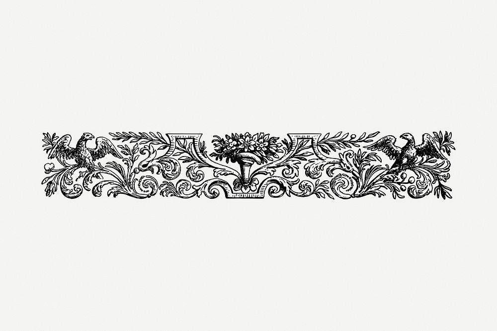 Floral ornament divider drawing, vintage border illustration psd. Free public domain CC0 image.