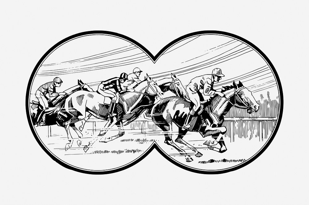 Horse racing drawing, binoculars view illustration. Free public domain CC0 image.
