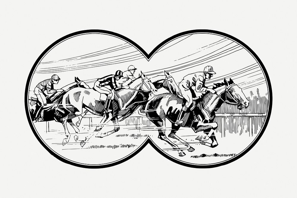 Horse racing drawing, binoculars view illustration psd. Free public domain CC0 image.