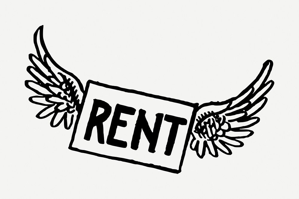 Flying rent sign drawing, vintage finance illustration psd. Free public domain CC0 image.